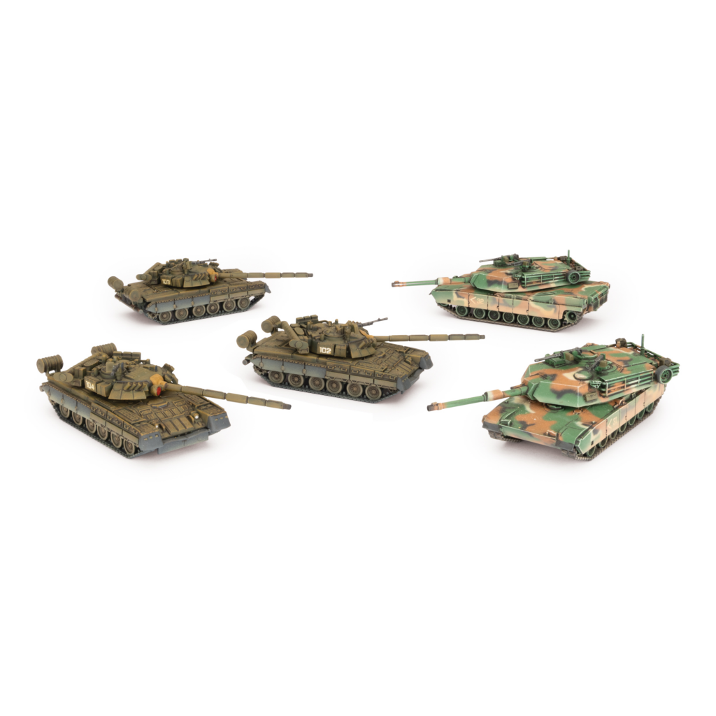 Collection of model tanks in camouflage colors displayed on a white background.