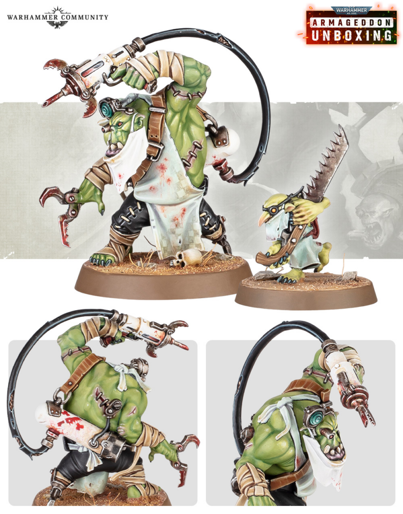 Green-skinned Warhammer orc with a large chained chainsaw and a smaller companion, blood-splattered, posed on round bases on a battlefield backdrop.