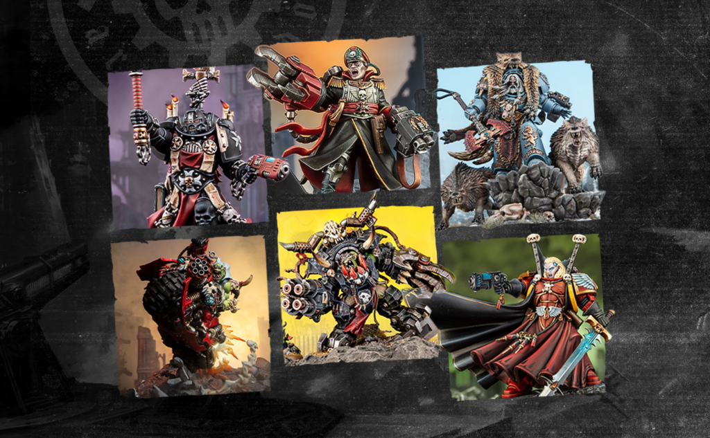 Collage of six Warhammer-style armored miniatures posed action-packed on torn-paper backgrounds.