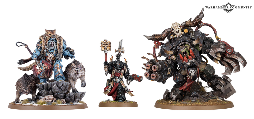 Three Warhammer miniatures on round bases: a blue Space Wolves figure with fur cape and wolves at his feet, a middle Chaos Space Marine with axes and skulls, and a large armored warboss with a multi-barrel weapon on the right, all set against a white background with the Warhammer Community logo in the corner.
