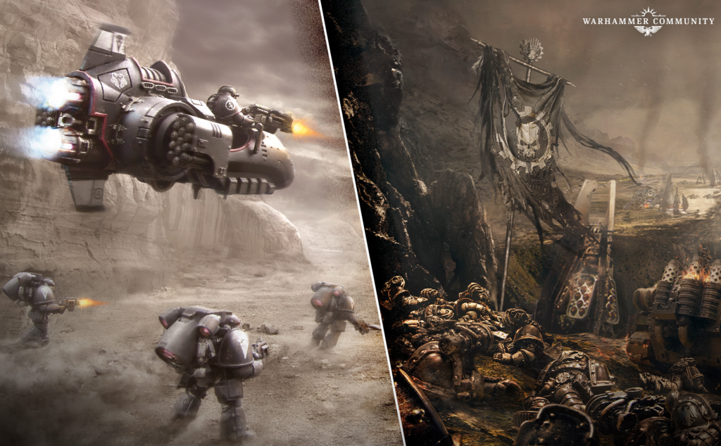 Split Warhammer battlefield: left shows armored space marines firing from a transport against rocky cliffs; right shows a dark ritual scene with a tattered banner and hordes in desolate wasteland.
