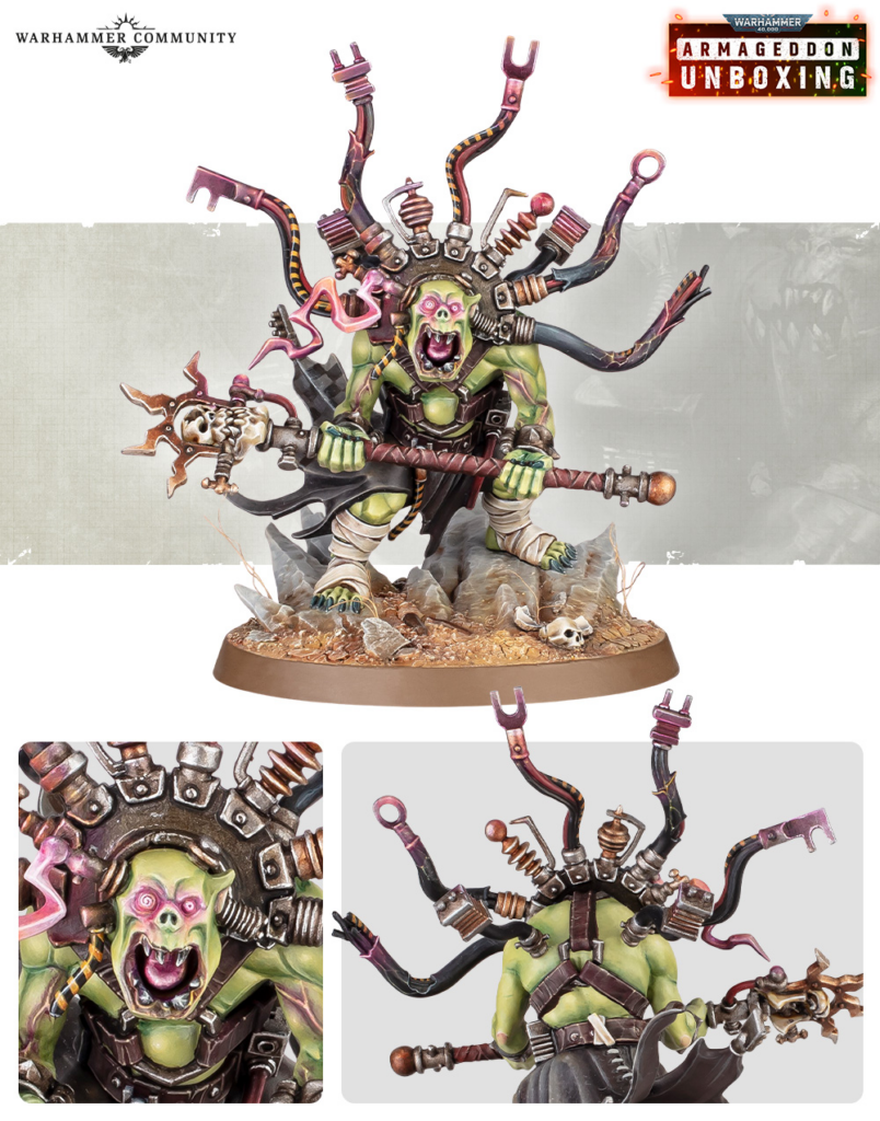 Warhammer miniature: a green orc with multiple tentacle-like arms, wielding a spiked staff on a rocky base, set against a light background with unboxing branding.