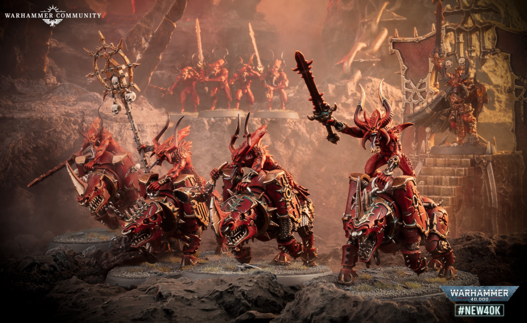 Warhammer Community logo in the top-left; red-chaos riders on spiked armored mounts charge through a lava-lit rocky battlefield with skull banners in the background.