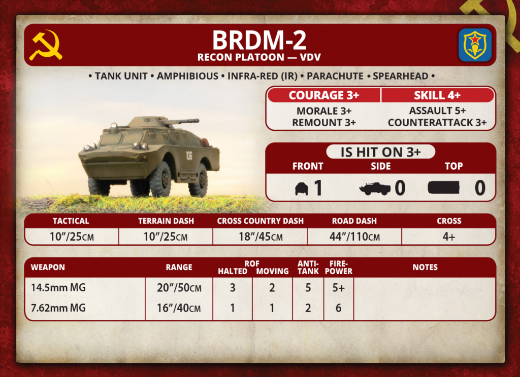 BRDM-2 recon platoon profile card featuring a green armored vehicle on a grassy field with Soviet insignia and stat blocks for courage, skill, and weapons.