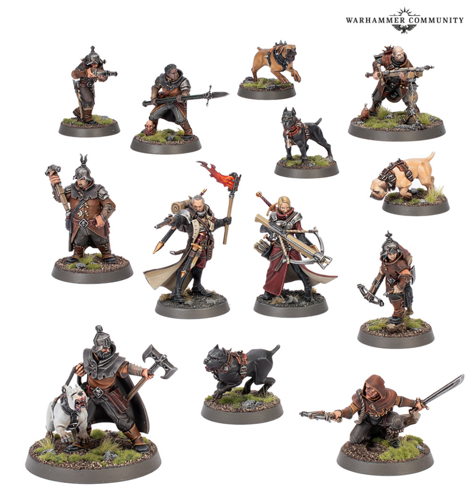 Collection of twelve painted Warhammer miniatures on round bases, featuring soldiers, a dog and a bulldog, set against a white background with the Warhammer Community logo.