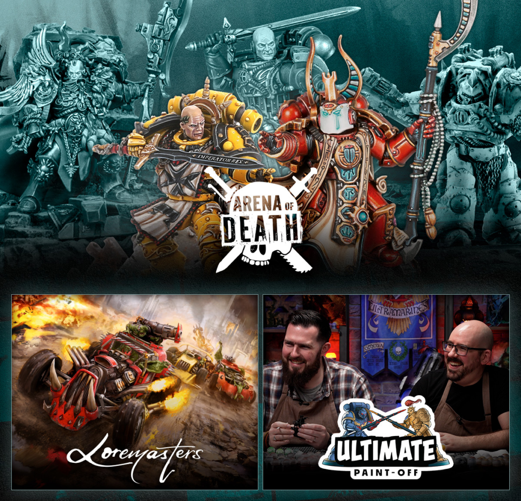 Group of Warhammer miniatures in armor posing with swords behind a skull-logo 'Arena of Death' banner.