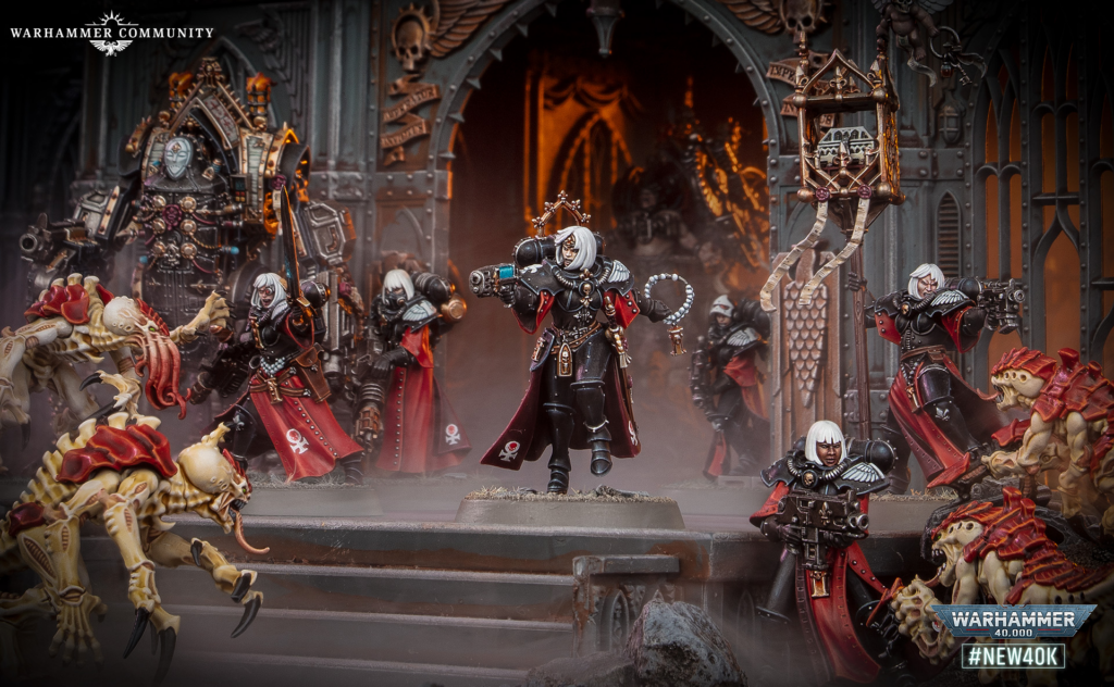 Warhammer 40K miniature battle: armored space marines clash with grotesque demons inside a gothic fortress.