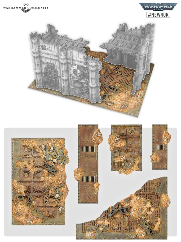 Gray ruined fortress walls with a rusted metal floor, set on a game board for tabletop Warhammer terrain.