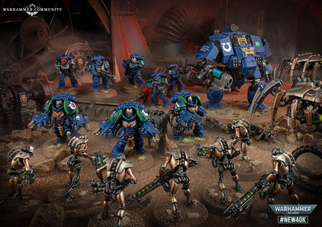 Battle scene with blue Space Marines fighting alien Tyranids in a ruined industrial battlefield, Warhammer setting visible in background.