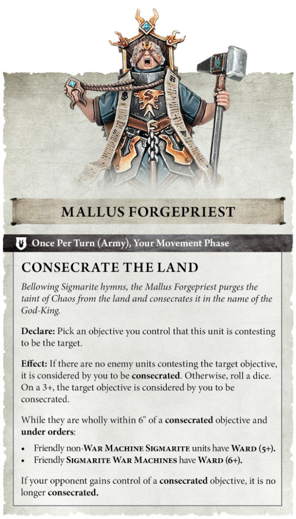 Card art of Mallus Forgepriest, an armored priest with a hammer and scrolls; title 'Mallus Forgepriest' and the ability 'Consecrate the Land' shown on the card.