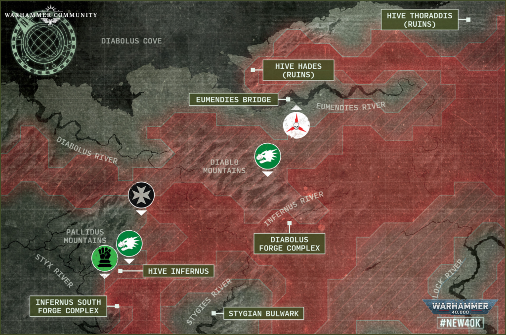 Map of a Warhammer 40K region with labeled locations (Eumendtes River, Diabolus Forge Complex, Hive Infernus) and ruins markers across a rugged terrain map.