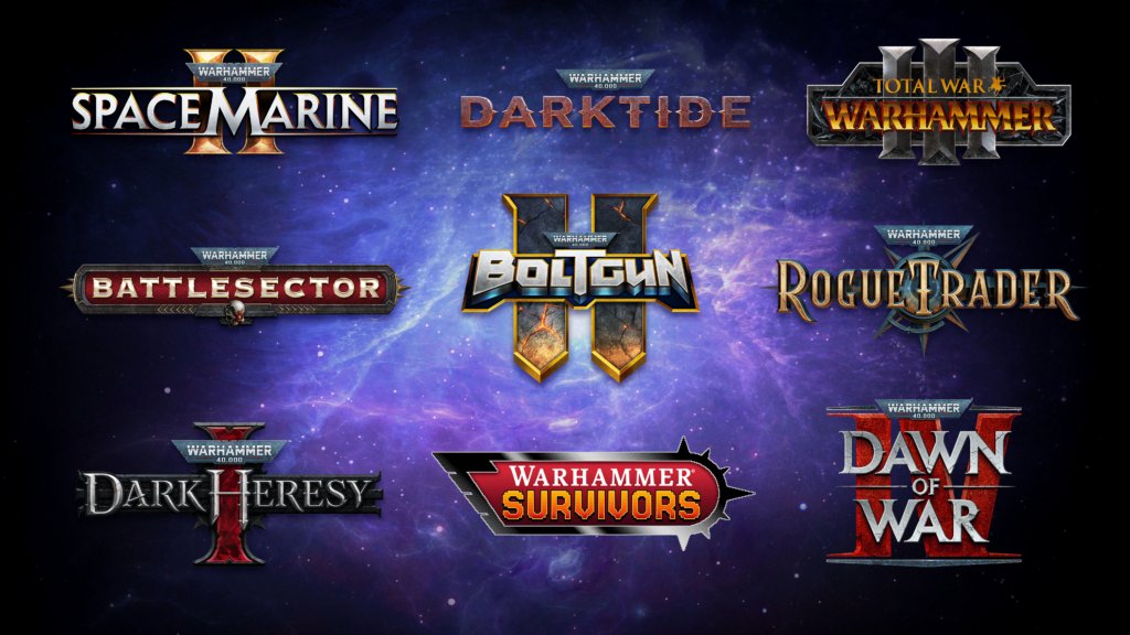 Collage banner of Warhammer 40,000 game logos on a purple space backdrop (Space Marine, Darktide, Total War, Battlesector, Boltgun, Rogue Trader, Dawn of War).