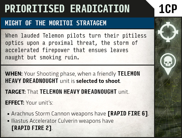 image Frontline Gaming In-game card titled 'Might of the Moritoi Stratagem' describing shooting conditions, targets, and weapon effects for Telemon Heavy Dreadnought, including Rapid Fire values (6 and 2).