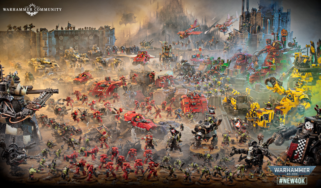 Epic Warhammer 40,000 battle across a ruined fortress: red Space Marines clash with green Orks, with tanks and aircraft overhead.