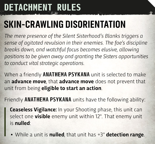 image Frontline Gaming Poster page titled 'Detachment Rules: Skin-Crawling Disorientation' with block text describing unit abilities and rules for a tabletop game.