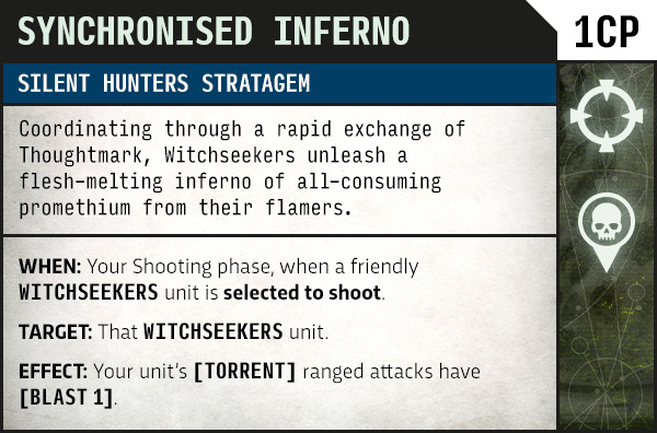 image Frontline Gaming Card titled Synchronised Inferno: Silent Hunters Stratagem; a Witchseekers stratagem that enhances Torrent ranged attacks with Blast 1 when a friendly Witchseekers unit shoots.