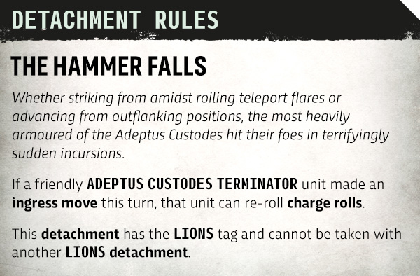 image Frontline Gaming Detachment Rules card titled 'The Hammer Falls' describing move and charge actions for Adeptus Custodes in a tabletop game.