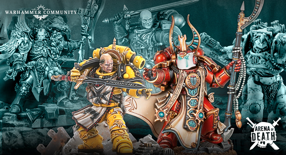 image Frontline Gaming Banner image for Warhammer Community showing a dramatic clash between heavily armored miniatures; Arena of Death branding is visible bottom right.