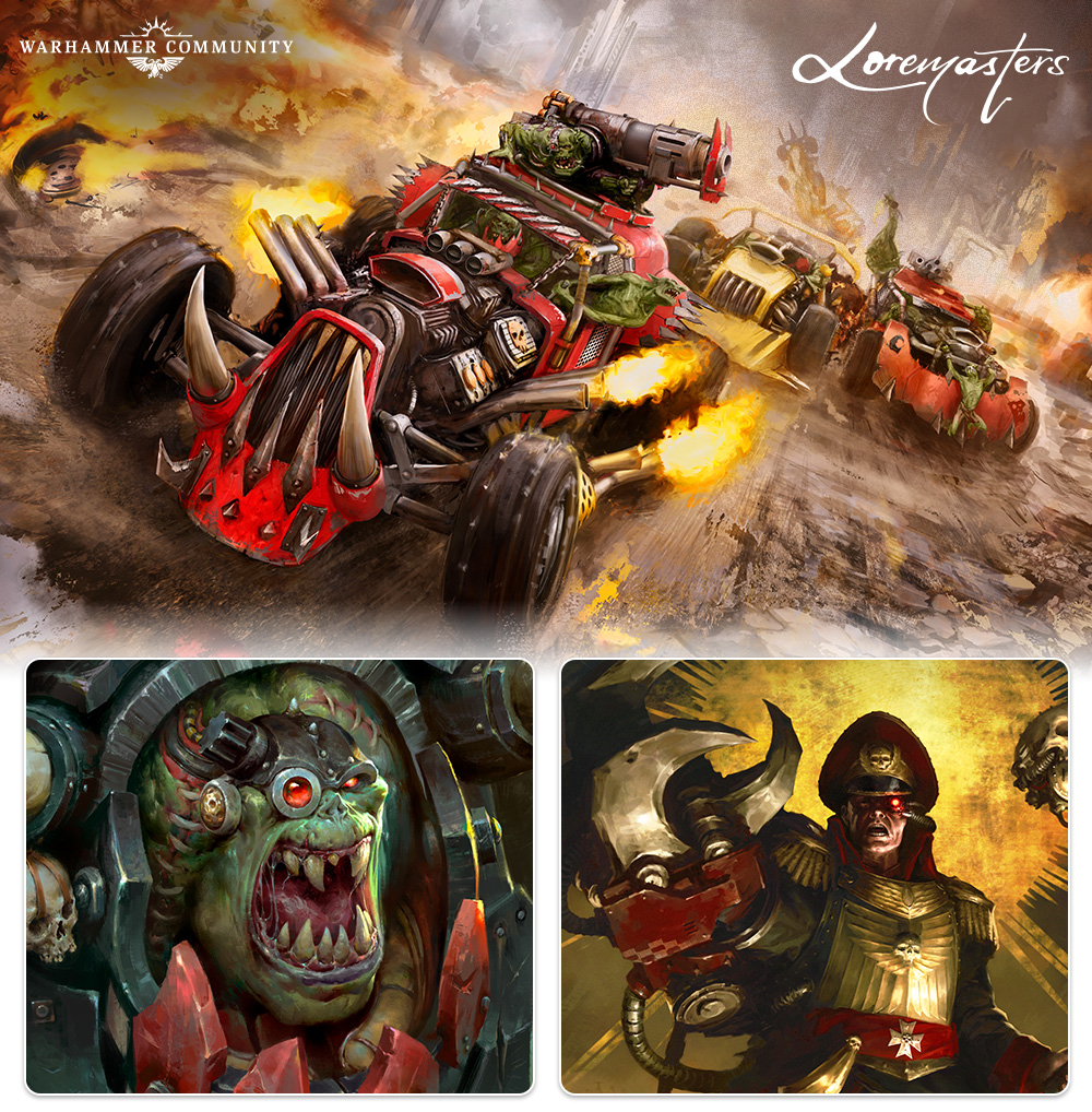 image Frontline Gaming Warhammer scene with a red, spiked battle vehicle driven by orcs racing through a fiery battlefield.