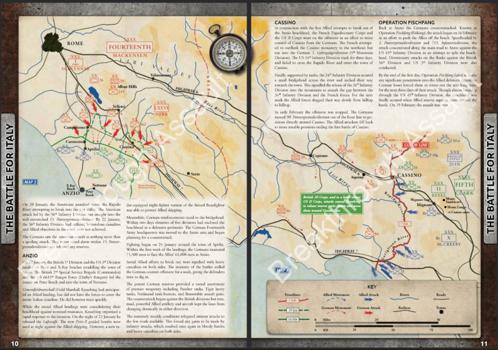 Two-page historical battlefield map of Italy showing troop movements, lines, and terrain near Cassino with a compass at top-right and a legend at bottom.