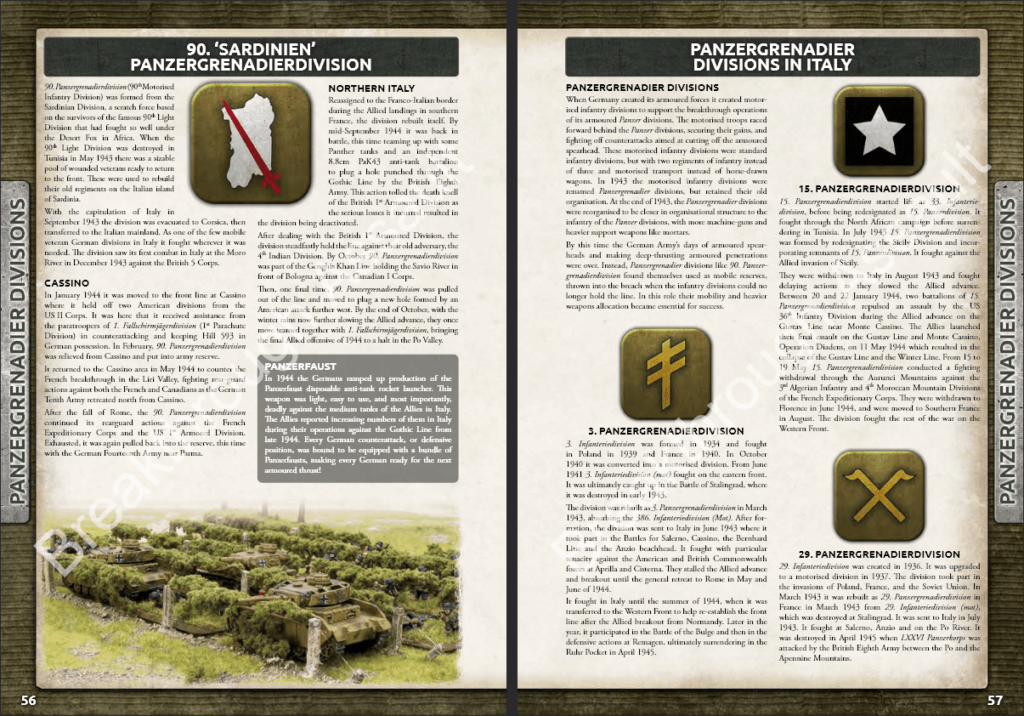 Two-page magazine spread about Panzergrenadier divisions, with historic insignia, dense text blocks, and a photo of tanks on a battlefield at the bottom left.