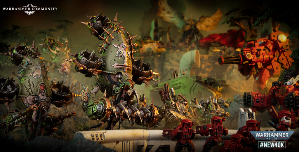 Battle scene of heavily armored green Orks charging red armored robots in a smoky battlefield, with the Warhammer Community logo in the corner.