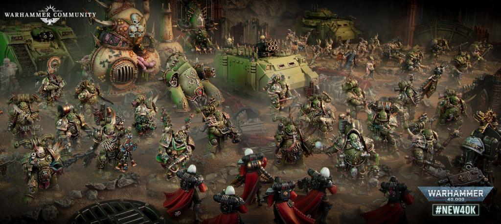 Epic Warhammer 40,000 battlefield with green-armored Orks clashing against armored troops amid ruined debris; Warhammer Community logo top-left and #NEW40K banner bottom-right.
