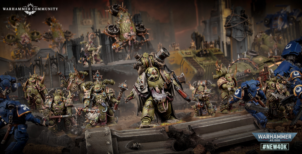 Epic Warhammer 40,000 battle scene with green-armored Orks clashing with blue Space Marines amid a ruined industrial cityscape; central giant Ork commander leads the charge as others swarm forward.