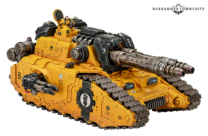 Yellow sci-fi battle tank model with multiple cannons and treads; Warhammer Community logo visible in the top-right corner.
