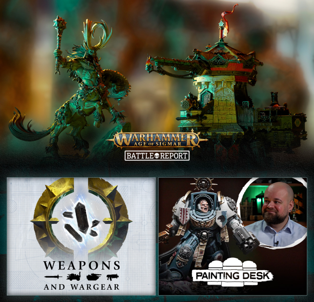Warhammer Age of Sigmar Battle Report header: a demon rider and fortress, with two lower tiles reading “Weapons and Wargear” and “Painting Desk.”