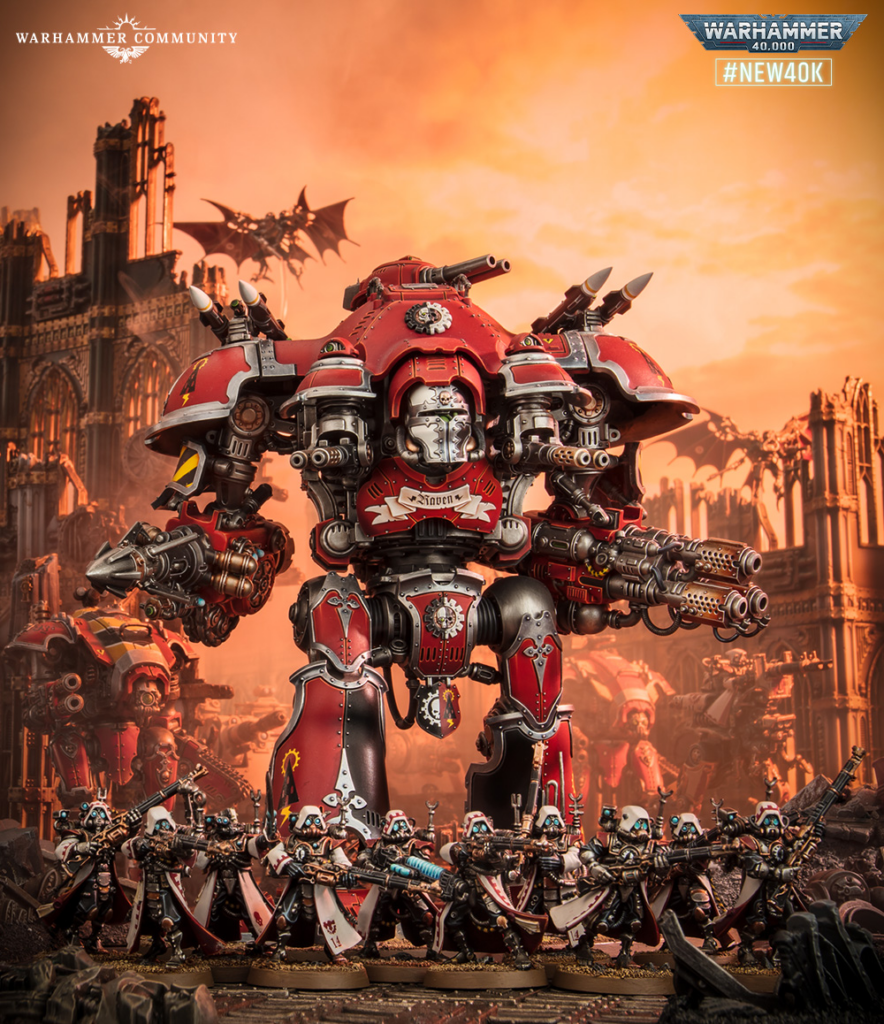 Massive red Warhammer 40,000 titan towering over squads of armored soldiers amid a fiery ruined cityscape.