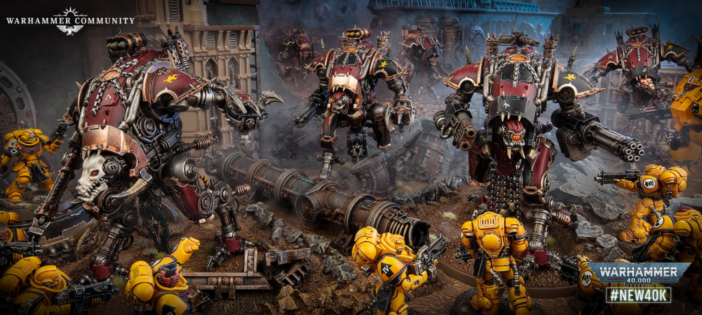 Group of heavily armored orks charging through a ruined battlefield against yellow-armored marines amid wreckage and smoke, with Warhammer Community branding visible in the corner.