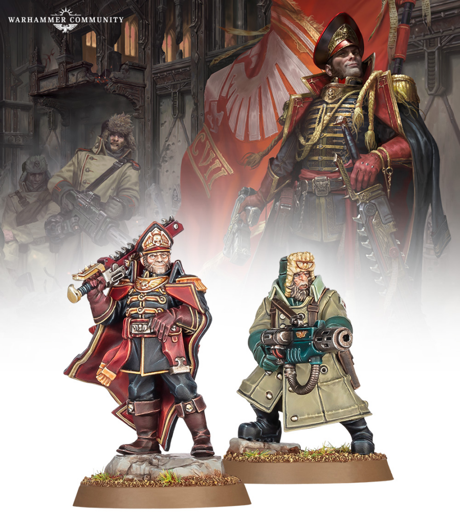 Two painted Warhammer miniatures: a red‑and‑gold armored officer with a rifle on the left and a green‑coated marksman with a heavy gun on the right, on rocky bases with a ruined backdrop