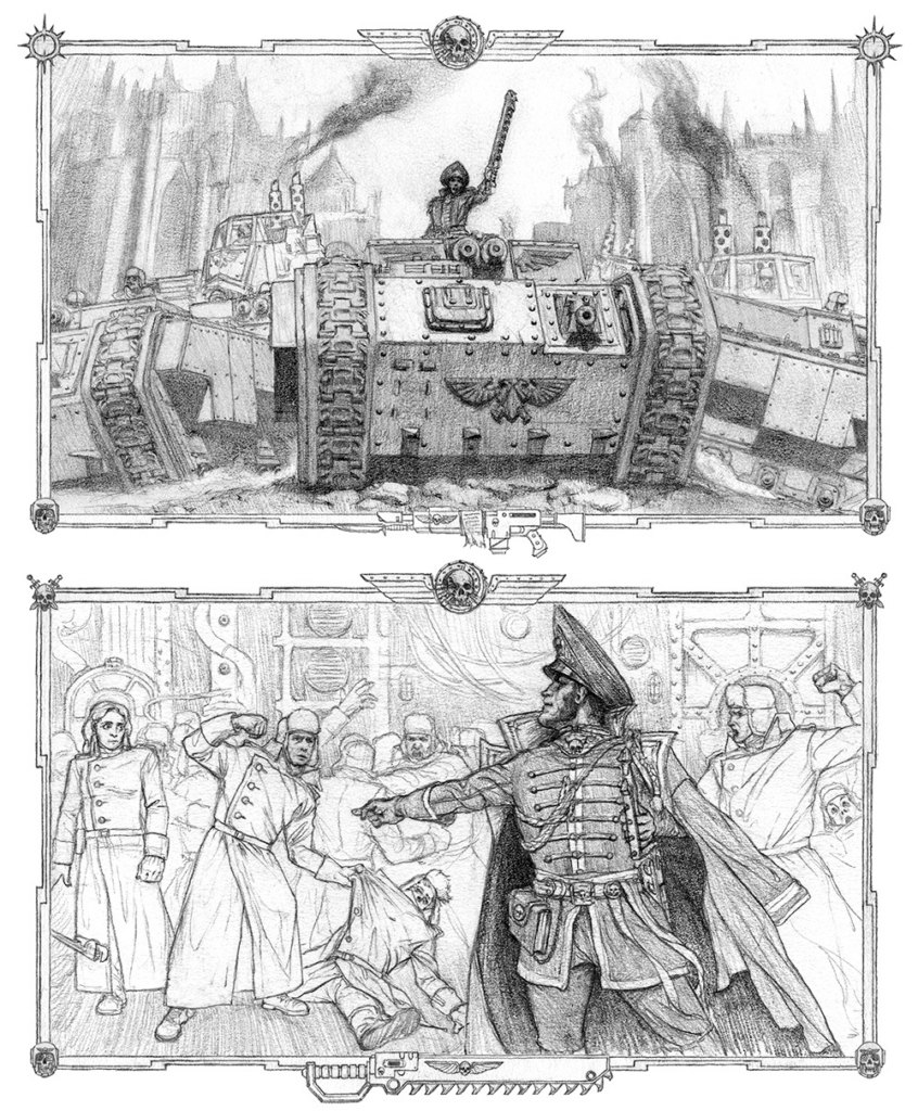Two-panel grayscale illustration framed with skull insignia: top shows a tank advancing through ruined city as a soldier raises a cannon; bottom shows a commanding officer in a cape addressing a chaotic crowd.