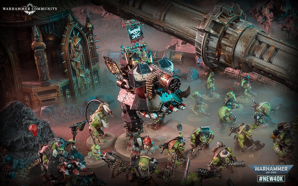 Battle scene of Warhammer 40K miniatures fighting in a ruined industrial setting, with orks in center and armored figures around them.