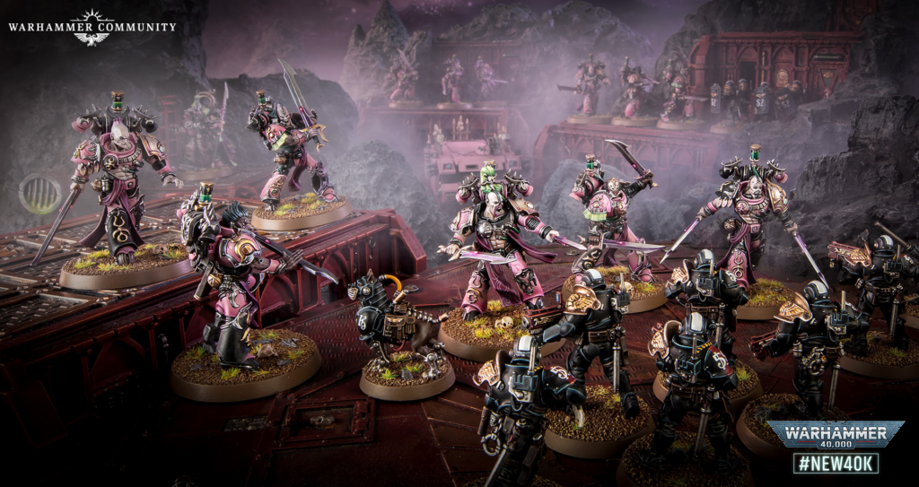 Tabletop Warhammer 40,000 battle scene with pink-armored Space Marines clashing on red industrial terrain; Warhammer Community logo in top-left.