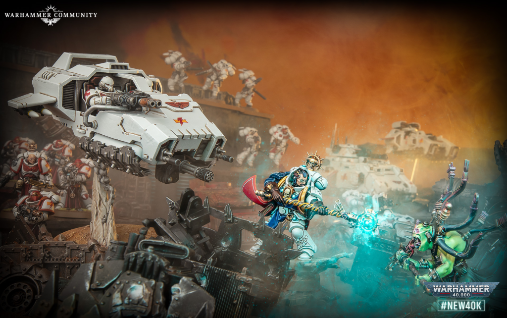 Warhammer 40k battle scene with a white armored tank firing from a ruined trench as Space Marines clash with alien foes under an orange, smoky sky.