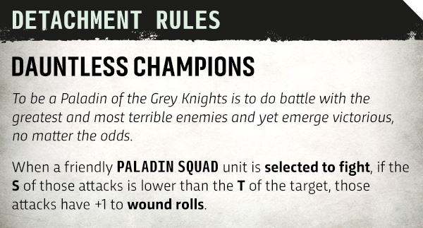 image Frontline Gaming Rule card titled Dauntless Champions: instructions for selecting a Paladin squad and wound rolls when attacker S < target T is lower.
