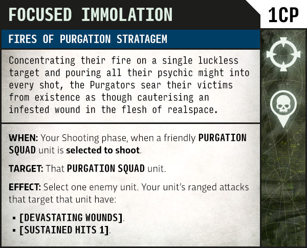 image Frontline Gaming Infographic card: Focused Immolation — Fires of Purgation Stratagem. Describes the Purgation Squad concentrating fire in the Shooting phase to target and wound a single enemy unit; effects include Devastating Wounds and Sustained Hits 1.