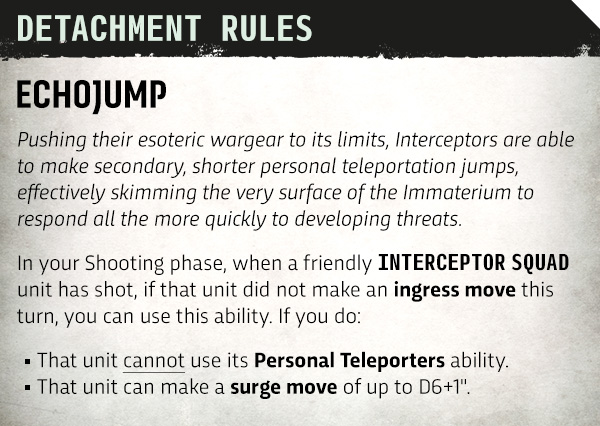image Frontline Gaming Infographic titled Detachment Rules: EchoJump, describing Interceptors' teleportation ability and how it can respond quickly to threats; emphasizes esoteric wargear limits and fast redeployment.