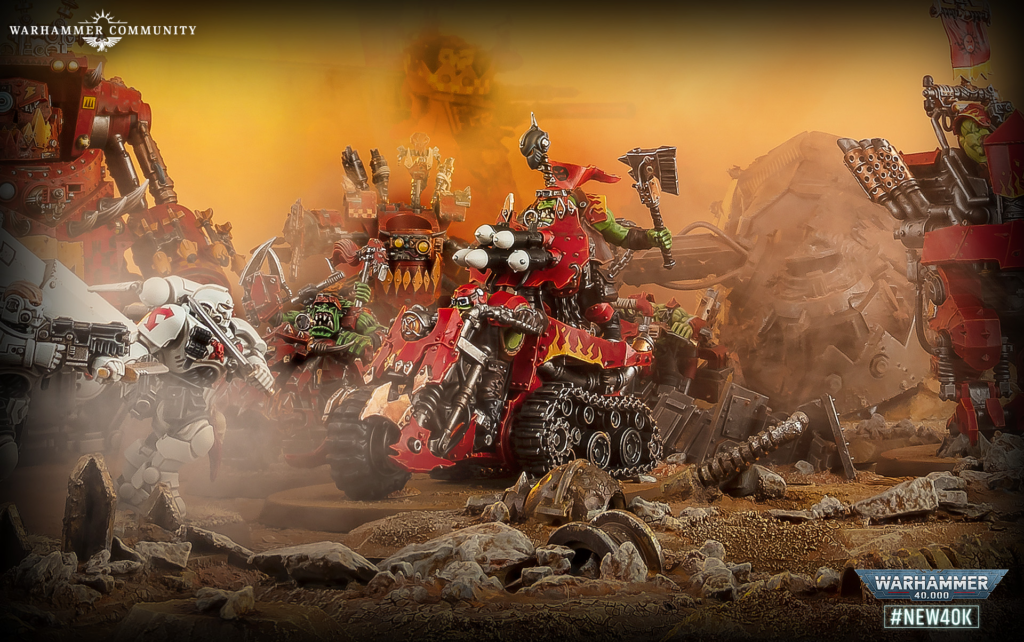 image Frontline Gaming Orc warboss leads a red war machine amid a chaotic Warhammer 40,000 battlefield of rubble and smoke with a golden-orange sky.