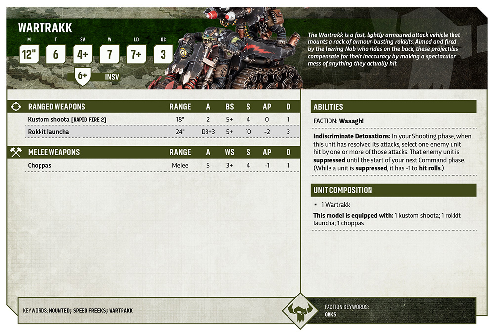 image Frontline Gaming Wartrakk unit data card for a tabletop game, showing ranged and melee weapons, stats, and abilities at a glance.