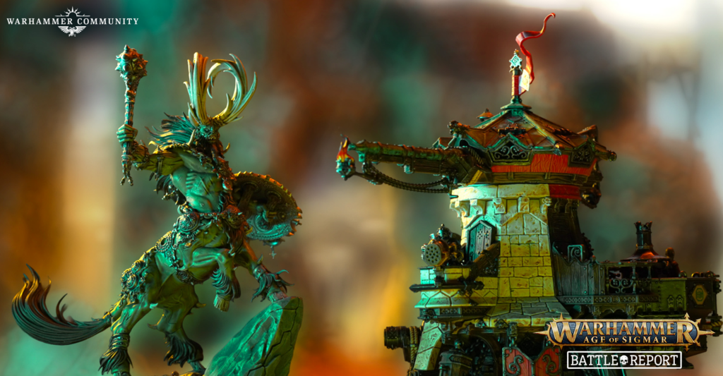 image Frontline Gaming Green dragon-like Warhammer miniature charges a stone siege tower; Battle Report watermark visible at bottom right.