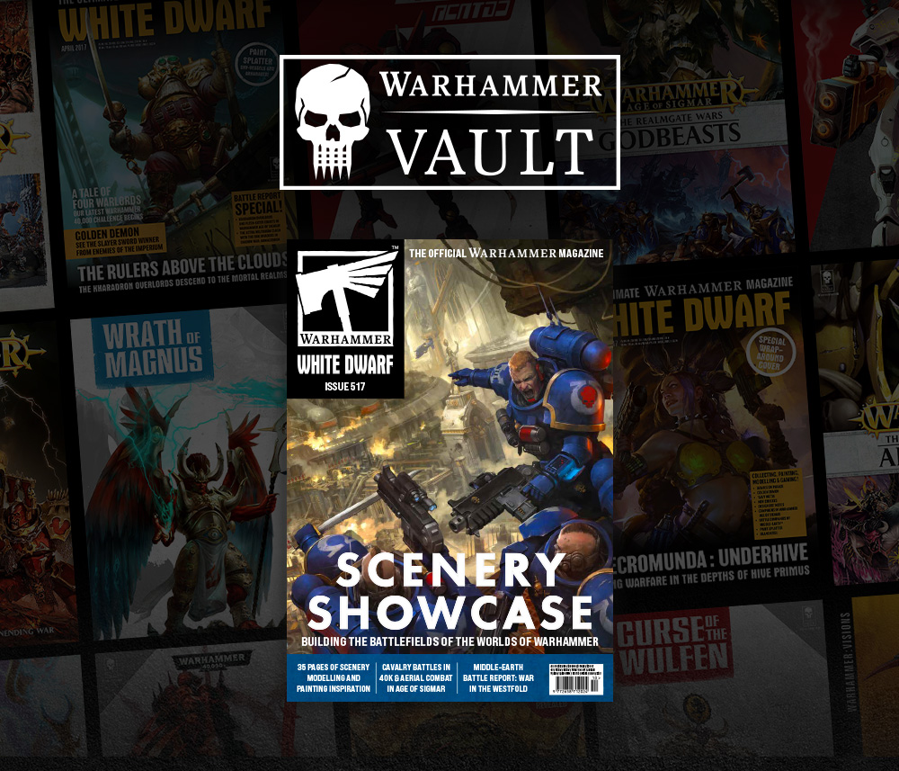 image Frontline Gaming Magazine cover for Warhammer Vault: Scenery Showcase, featuring a Space Marine in blue armor amid a battlefield scene and surrounding collage of Warhammer magazines.
