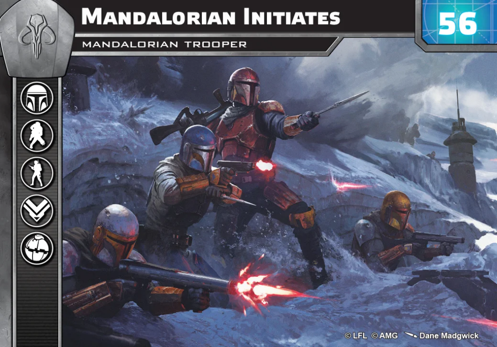 Mandalorian troopers in orange and blue armor fire blasters in a snowy, rocky battlefield; action scene under a cloudy sky on a game cover.
