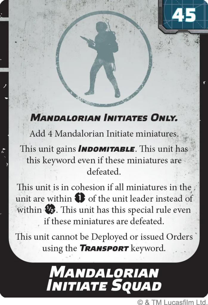 Mandalorian Initiates Only game card with a silhouette inside a circle, listing unit bonuses and transport restriction for the squad (rules text).