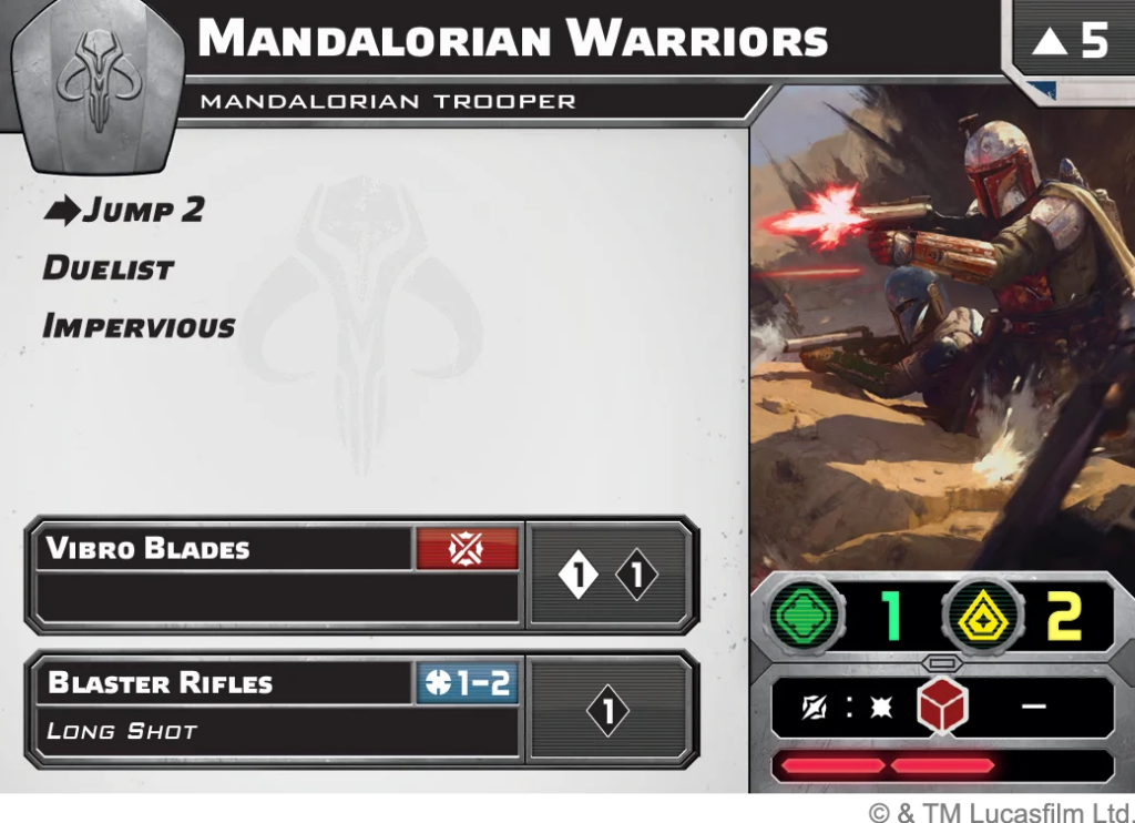 Game menu screen: Mandalorian Warriors with loadout options and right-side action art of Mandalorian firing a blaster.