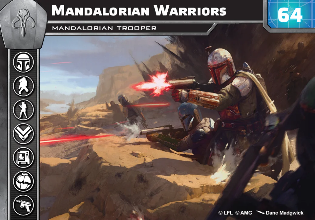 Mandalorian Warriors card showing two armored troopers firing blaster rifles from a rocky desert battlefield with a shield emblem on the left panel.