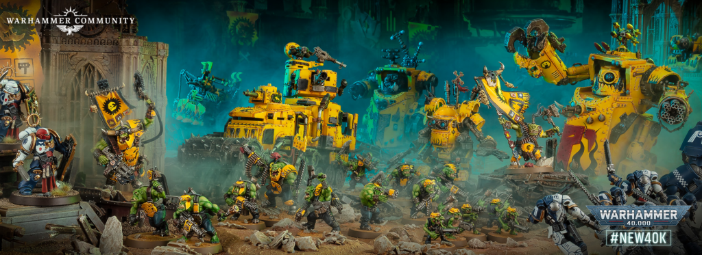 Epic Warhammer 40,000 battle scene with green Orks clashing against yellow armored tanks and walkers amid ruins; Warhammer Community banner and #NEW40K visible.