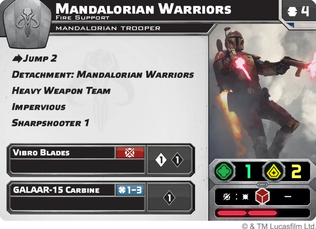 Unit card for Mandalorian Warriors showing weapon list (Vibro Blades, Galaar-15 Carbine) and abilities like Detachment and Sharpshooter 1; armored trooper with red energy blades on the right.